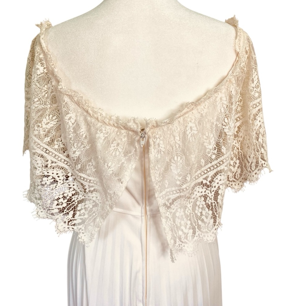 Vintage Pleated Lace Maxi Gown Dress White Cream Empire Waist Cape (Size XS/S) - Picture 4 of 16